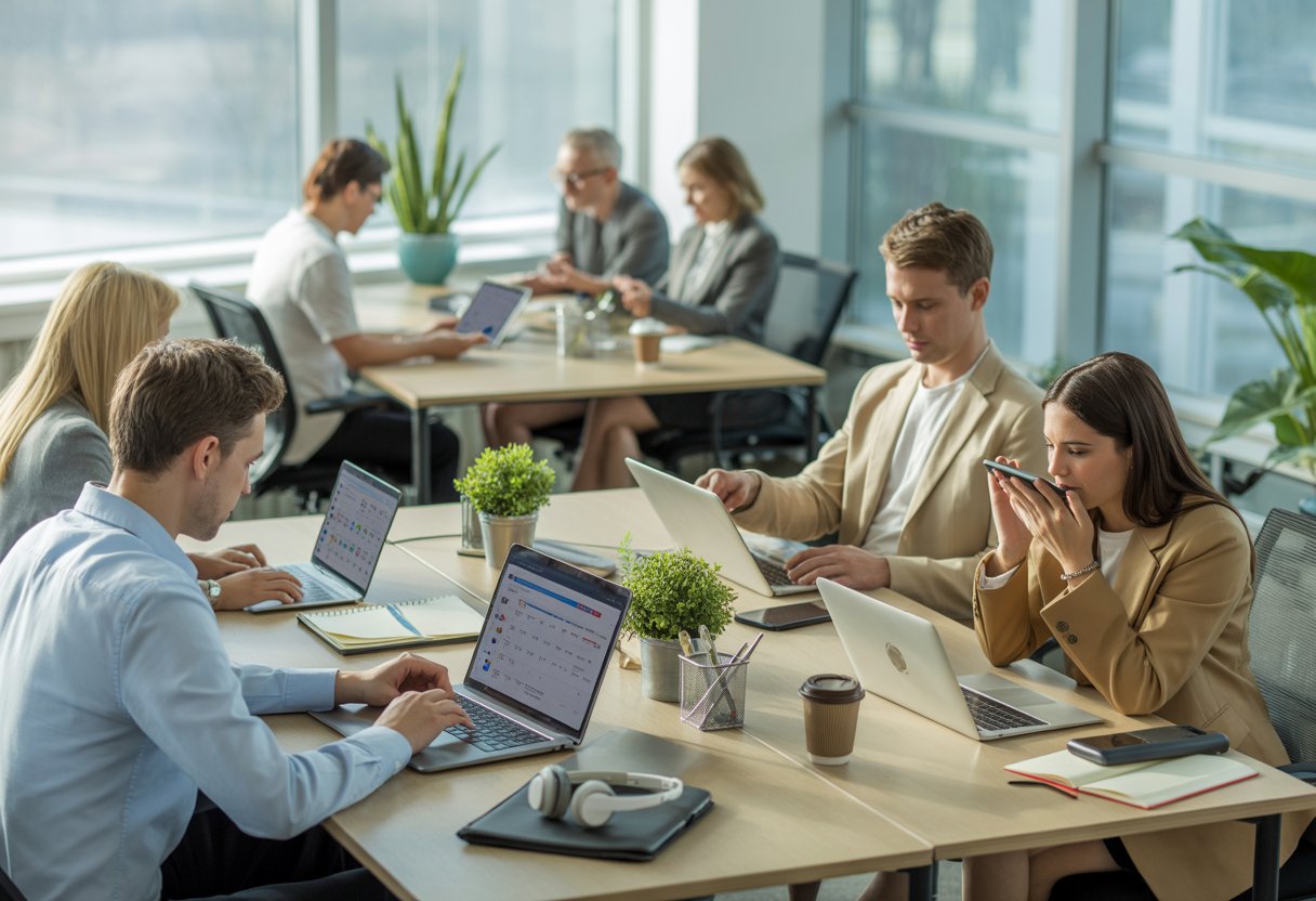 A group of diverse professionals working together in a modern office using laptops, tablets, and smartphones.