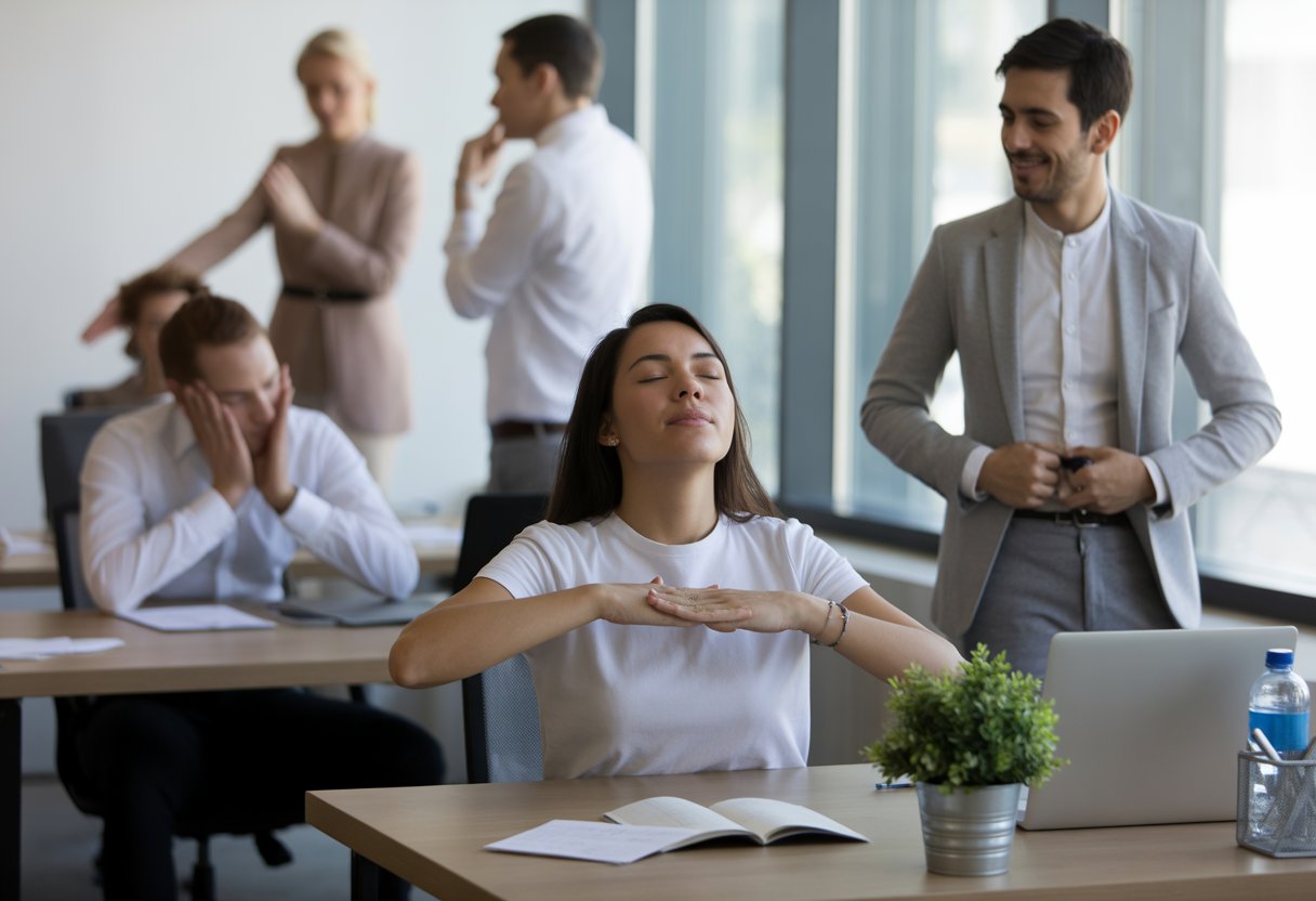 Office scene with employees practicing stress-relief techniques like deep breathing and stretching in a bright, modern workspace.