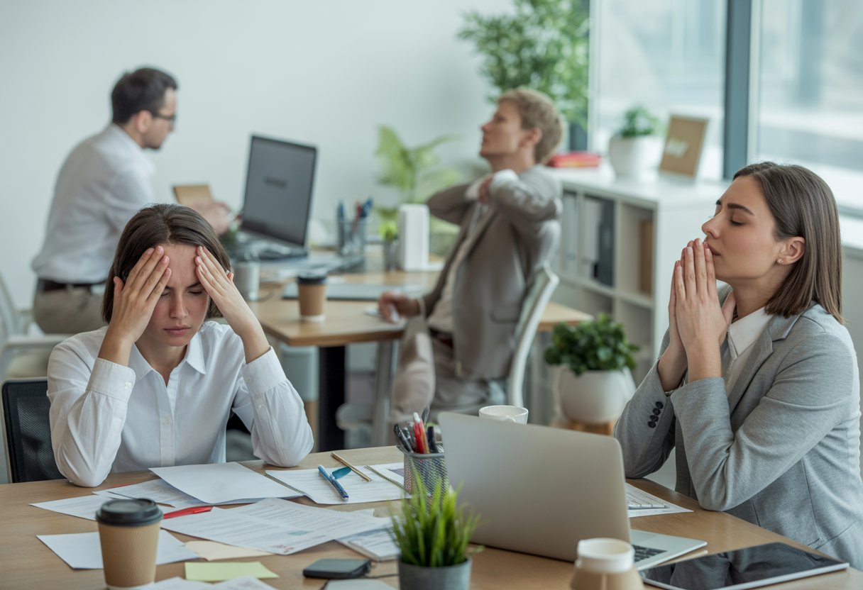 Office workers showing signs of stress at work and practicing calm techniques in a modern workspace.