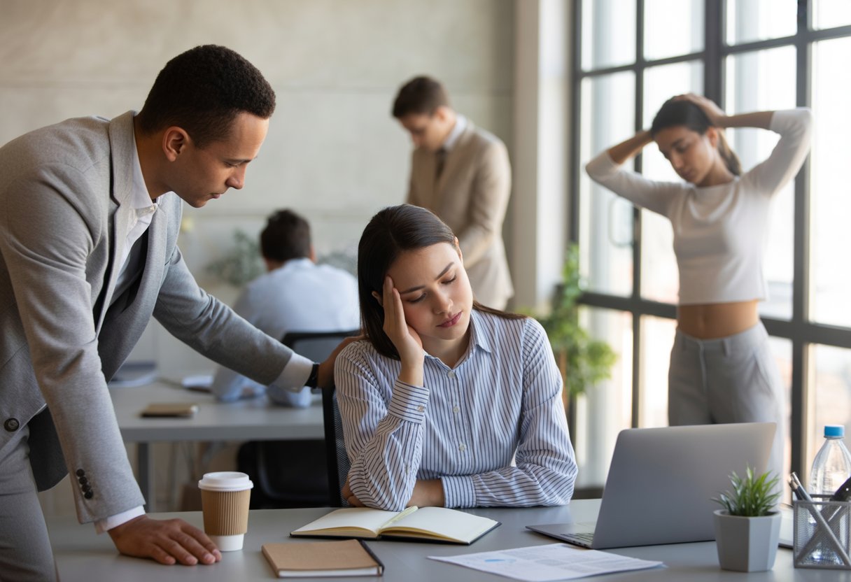 Office scene showing employees managing work stress with one person looking tired at a desk and a colleague offering support.