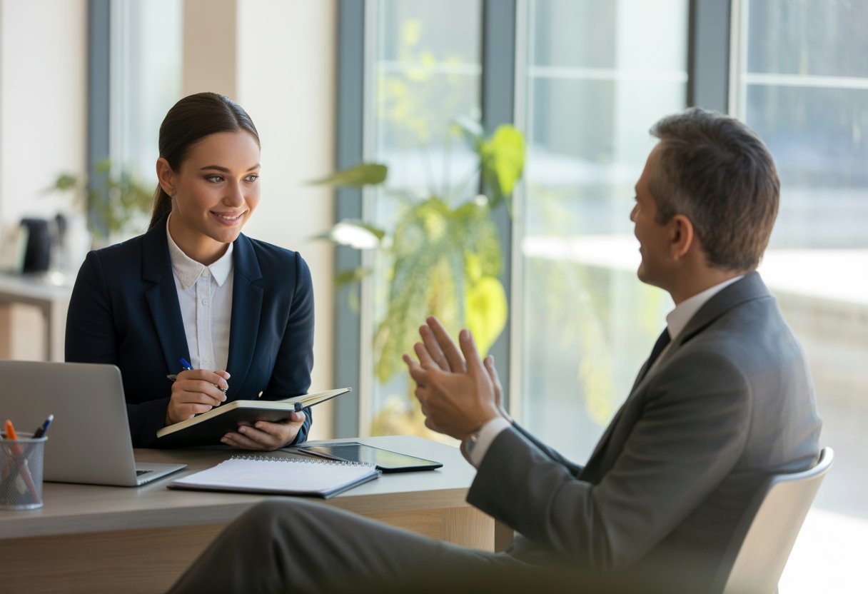 A businesswoman and her manager having a professional conversation in an office.