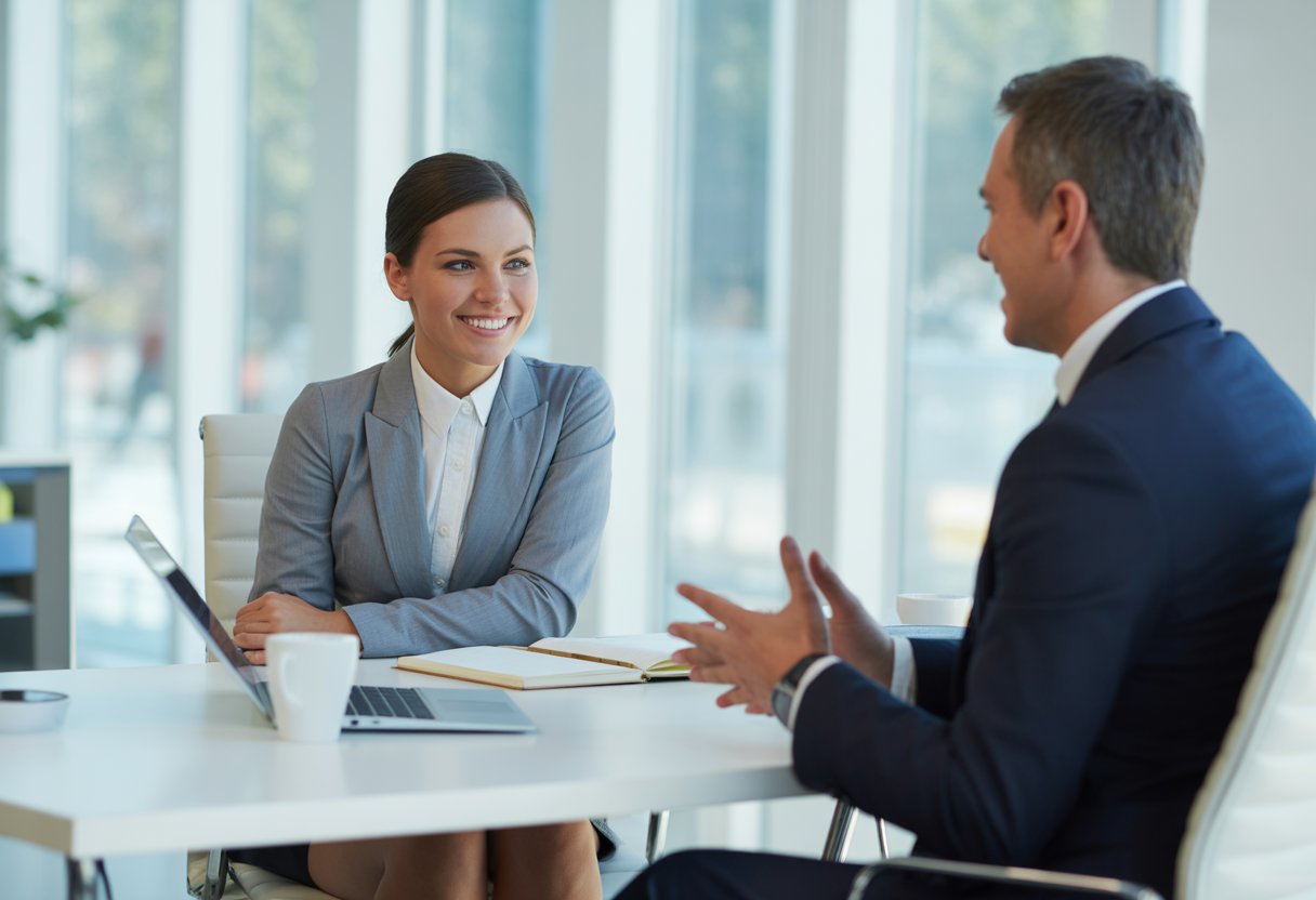 A woman and a man having a professional meeting in a bright office, with the woman smiling and the man listening attentively.