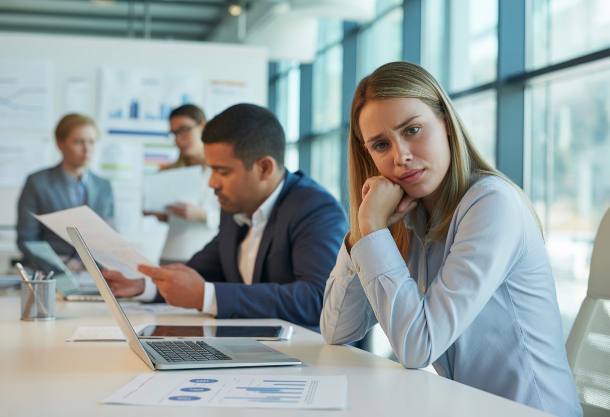 A group of office workers in a modern office, with a woman looking thoughtful at her laptop and a man reviewing documents nearby.