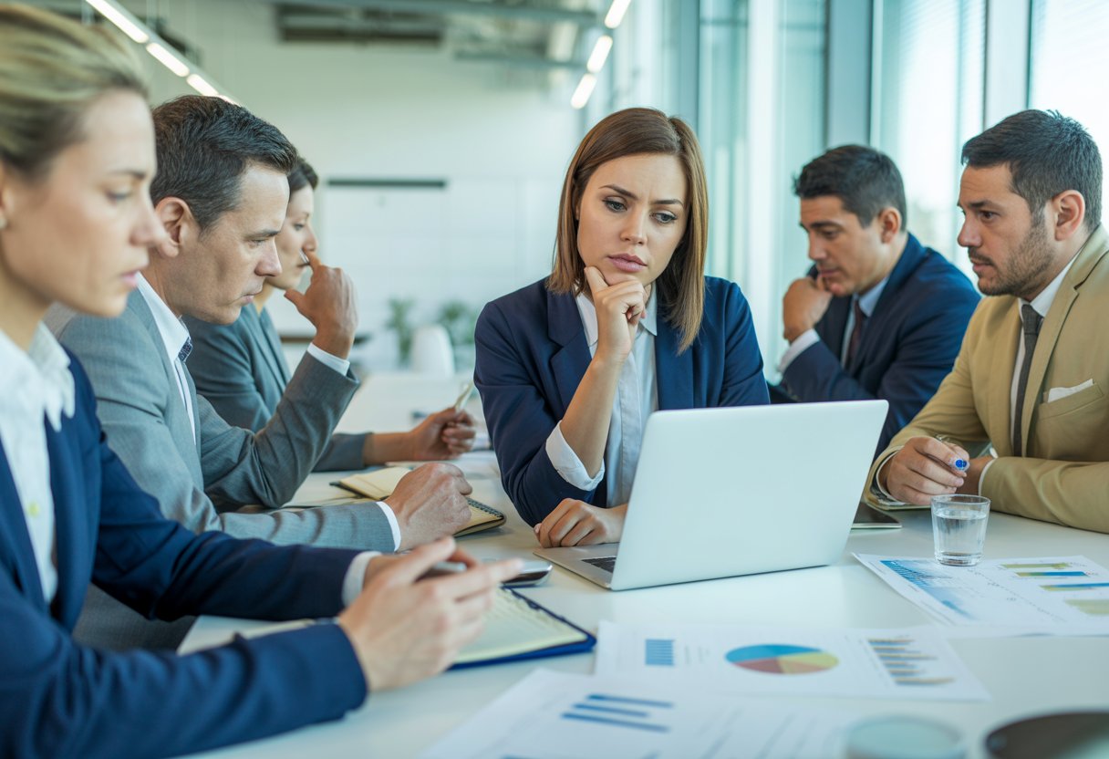 A group of diverse office workers having a serious discussion around a conference table with documents and a laptop.