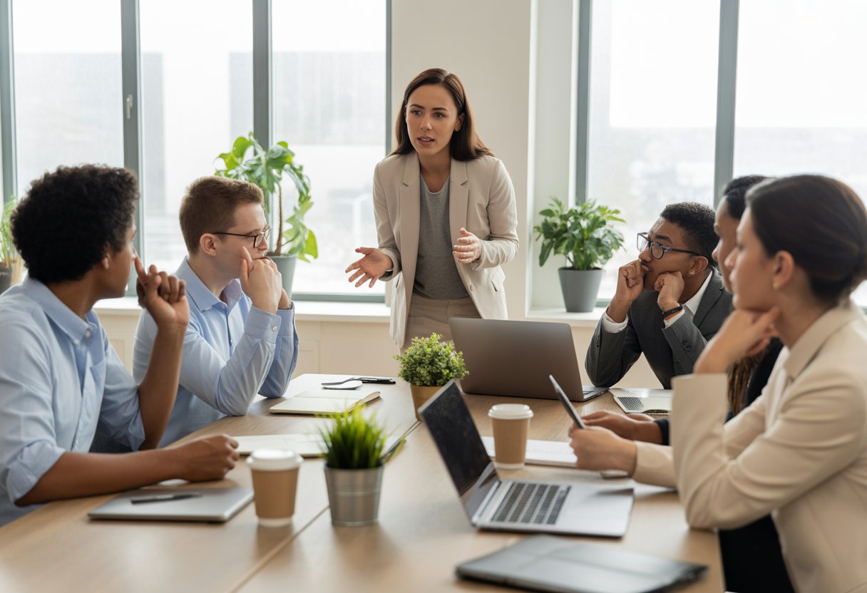 A group of diverse office workers having a serious discussion around a conference table in a bright, modern office.