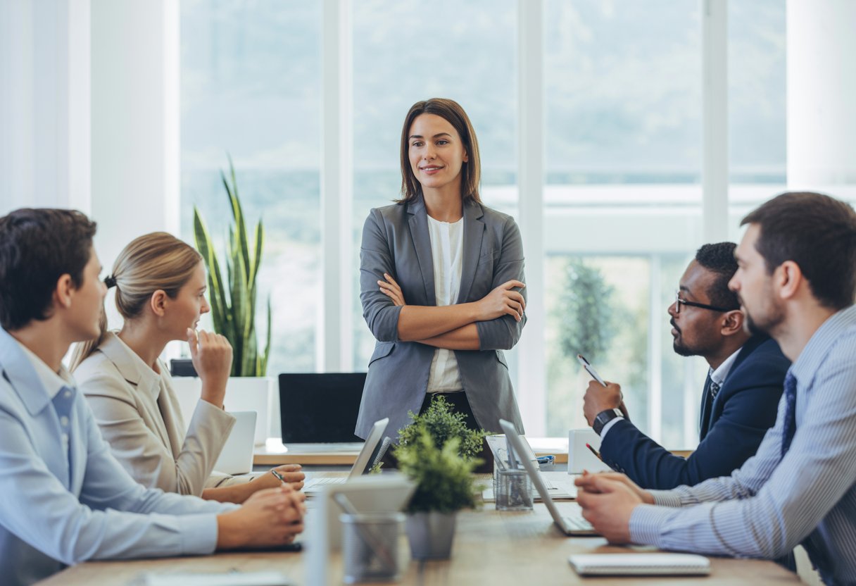 A confident woman speaking to a small group of attentive colleagues around a conference table in a bright office.