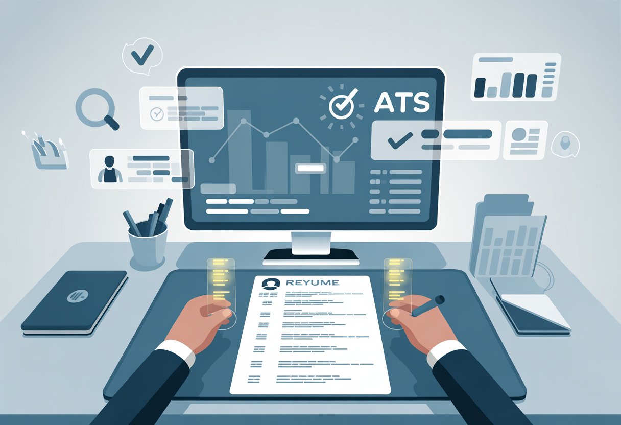 A desk with a computer showing a digital interface representing an applicant tracking system, a resume with highlighted keywords, and floating icons symbolizing keywords and data analysis.