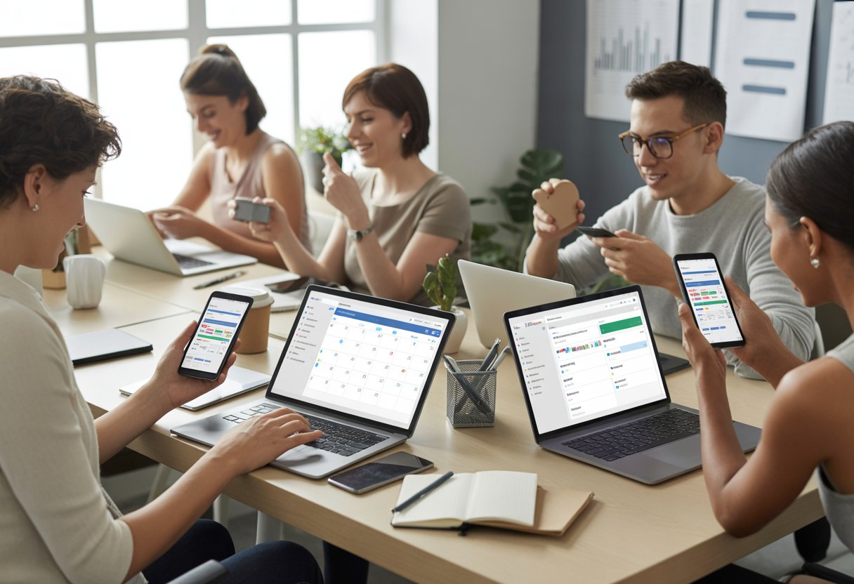 A group of professionals working with laptops and tablets in a bright office, focusing on productivity apps and tools.