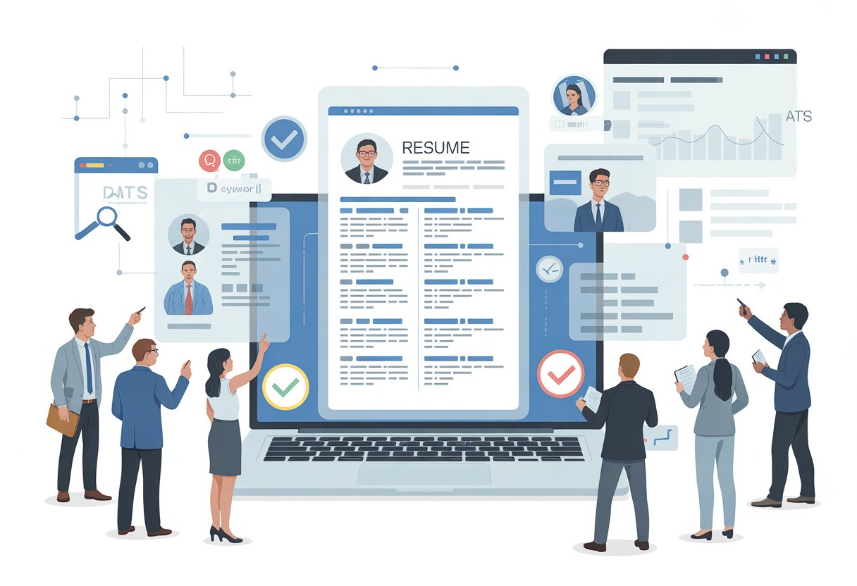 A group of professionals analyzing a digital resume with highlighted keywords on a laptop and a large transparent screen, surrounded by icons representing keyword search and analysis.