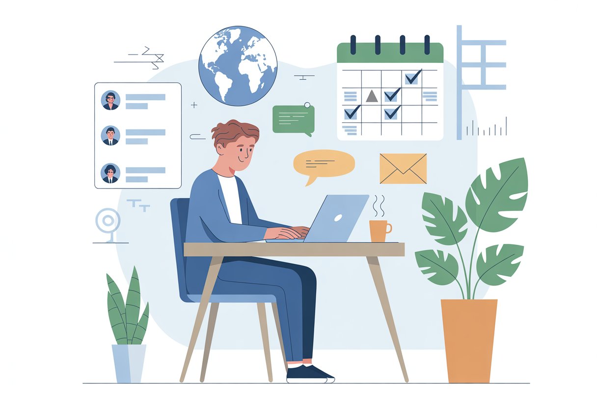 A person working on a laptop at a home desk surrounded by icons representing remote work and job application tasks.