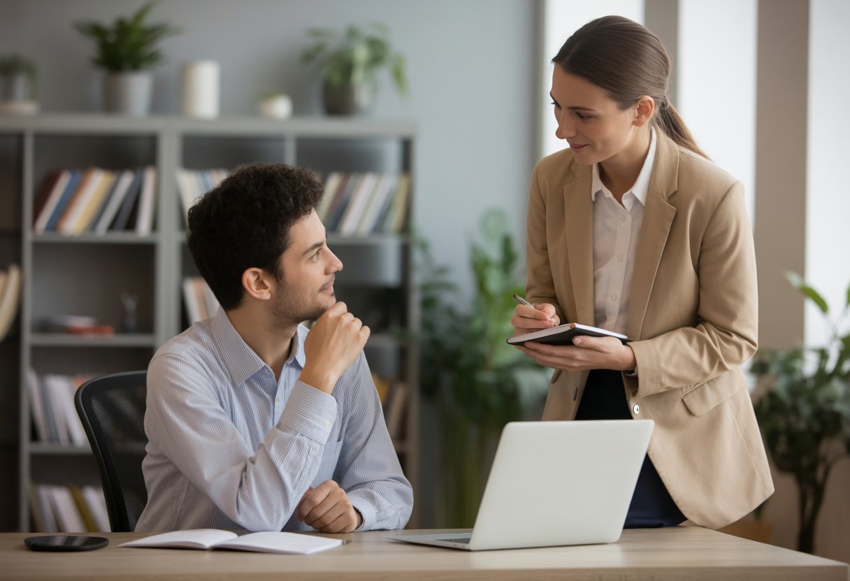 Two people having a respectful conversation in an office, one sitting at a desk with a laptop and the other standing with a notepad.
