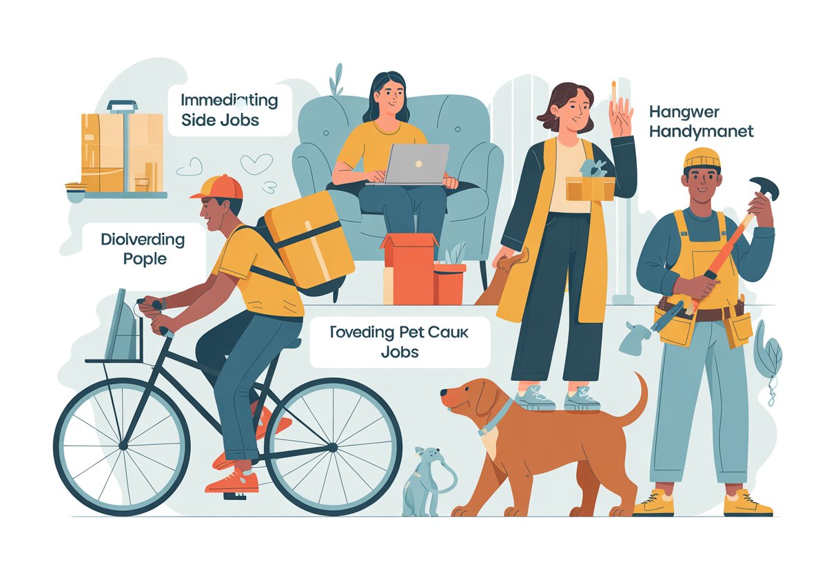 A diverse group of people performing different side jobs like package delivery, remote computer work, dog walking, and handyman tasks in an urban and home environment.