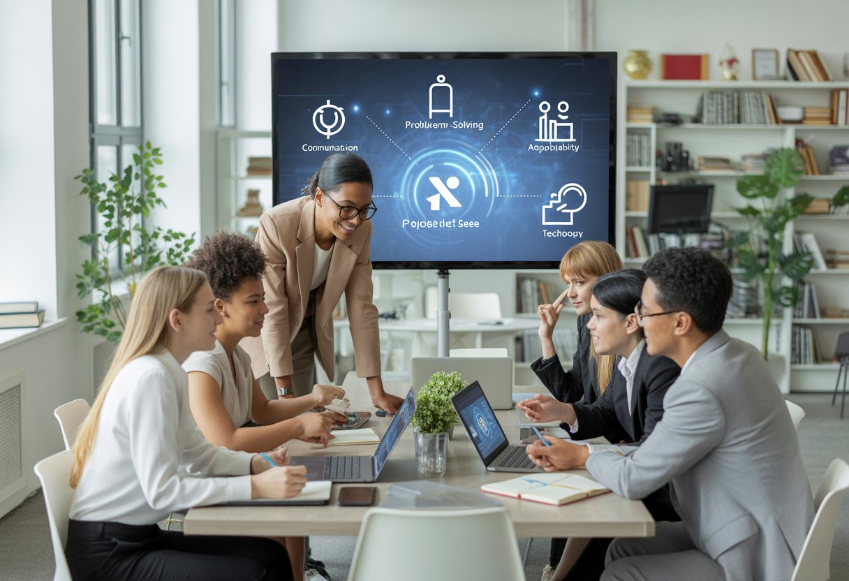A diverse group of professionals collaborating around a table in a bright modern office, engaged in discussion with digital icons representing key skills displayed on a screen in the background.