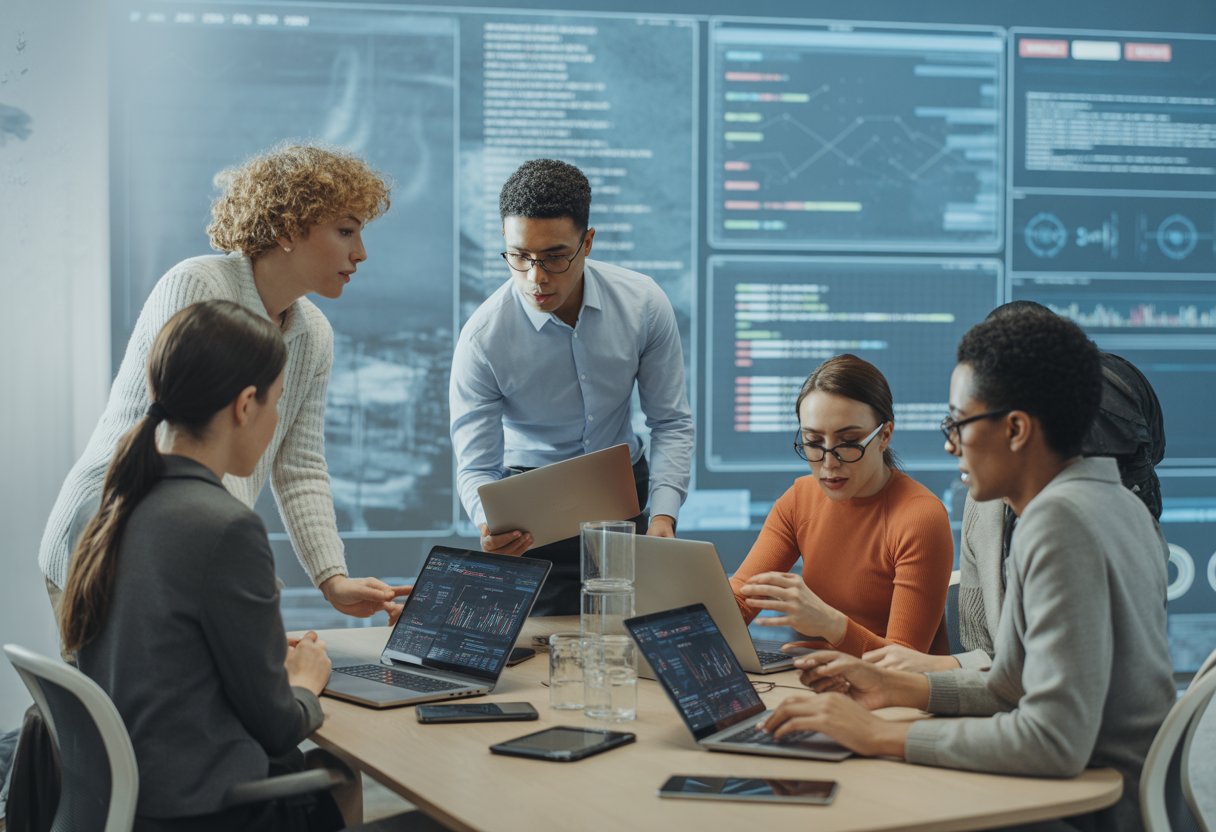 A group of professionals working together with laptops and digital screens showing data and code in a modern office.
