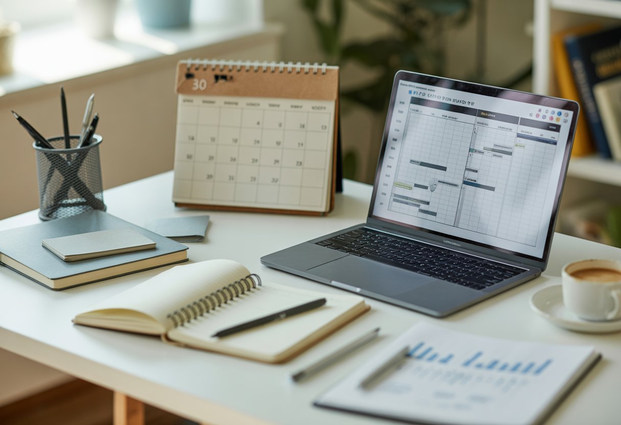 A workspace with a laptop, notebooks, a calendar, and a cup of coffee on a desk, suggesting planning and learning.
