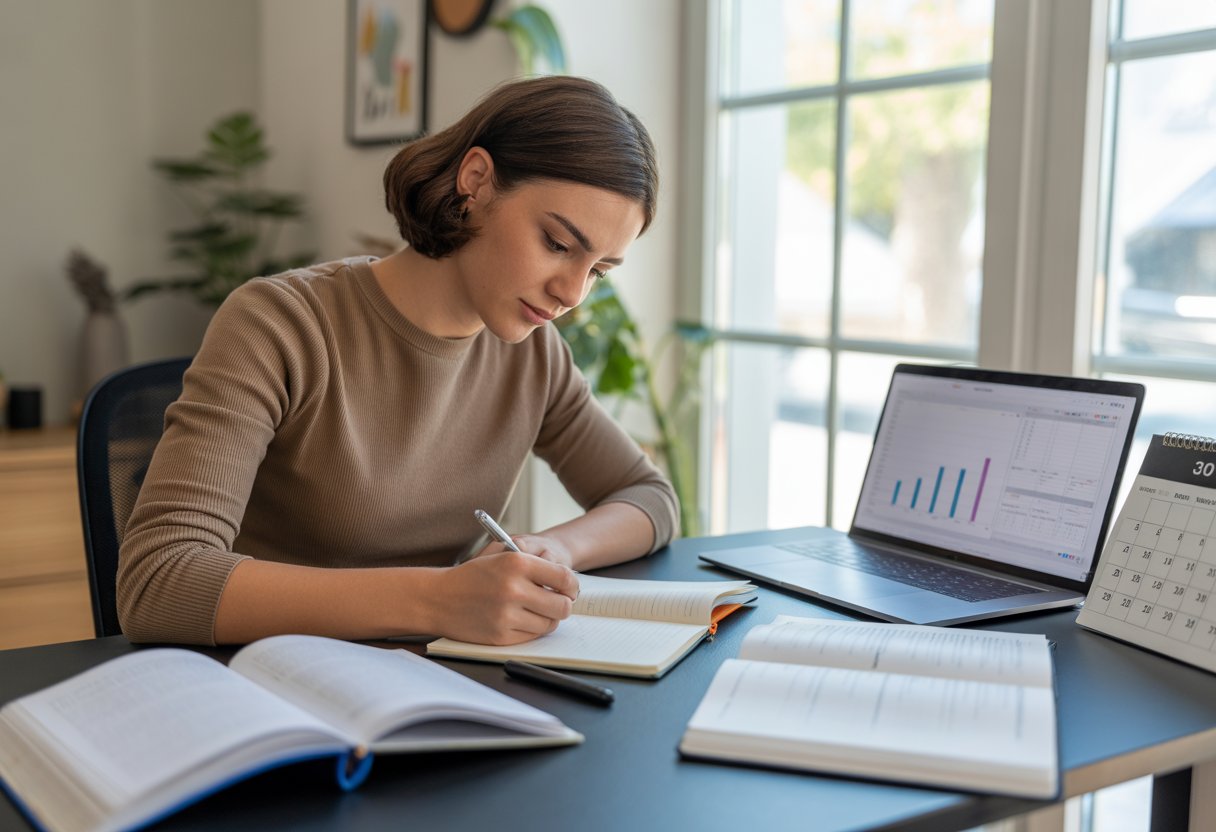 A young adult writing notes at a desk with books, a laptop, and a calendar in a bright home office.