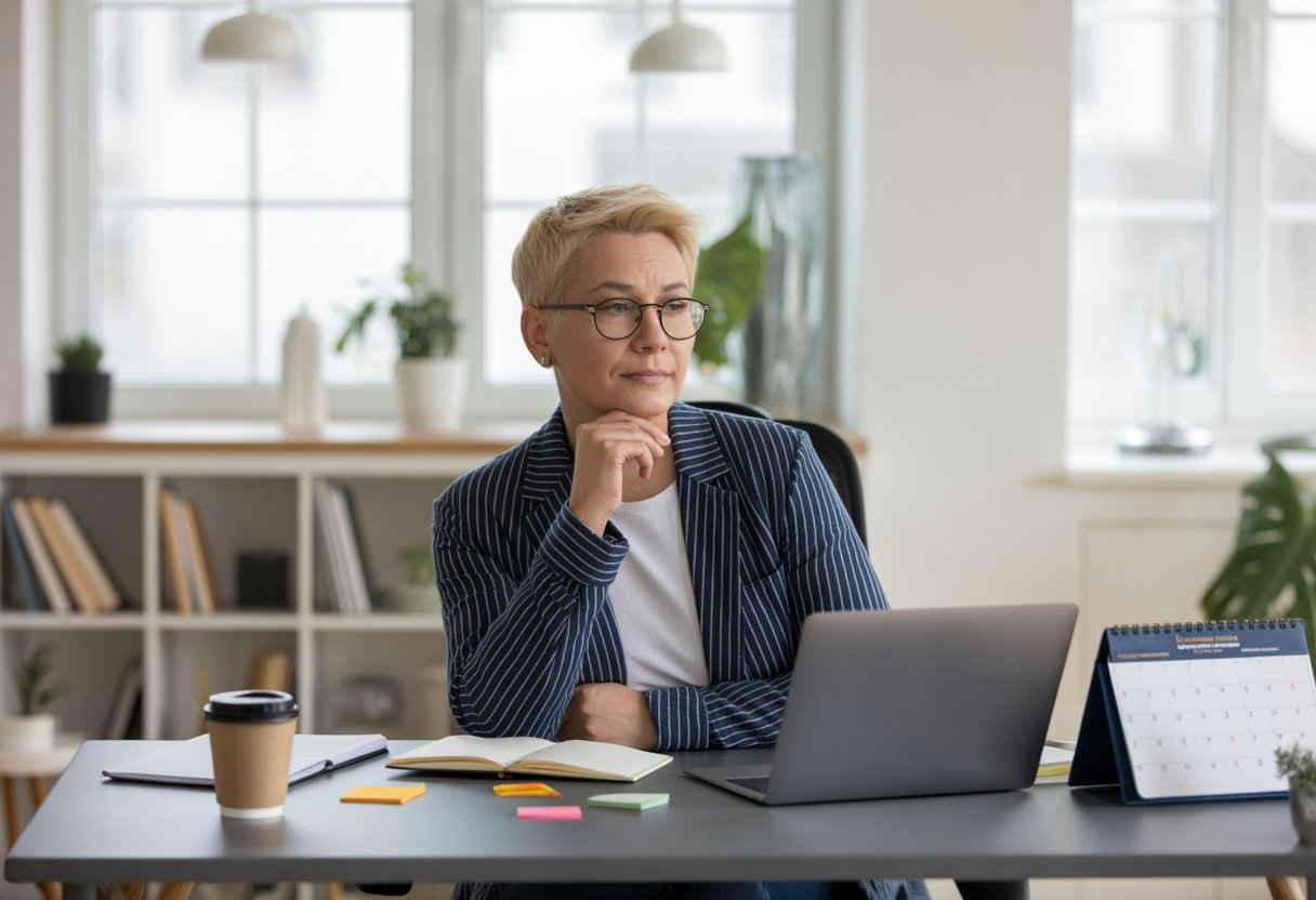 A middle-aged person sitting at a desk in a bright office, looking thoughtful while working on a laptop surrounded by notes and a coffee cup.