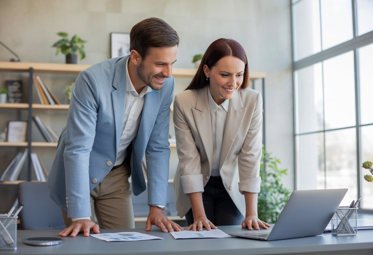 A man and woman in their 30s or 40s working together at a desk in a modern office, looking focused and optimistic.