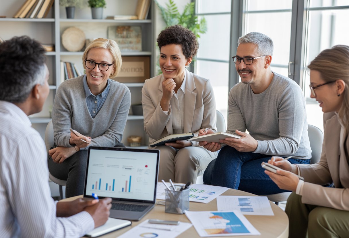 A group of adults in an office discussing career options with a coach, surrounded by charts and laptops.