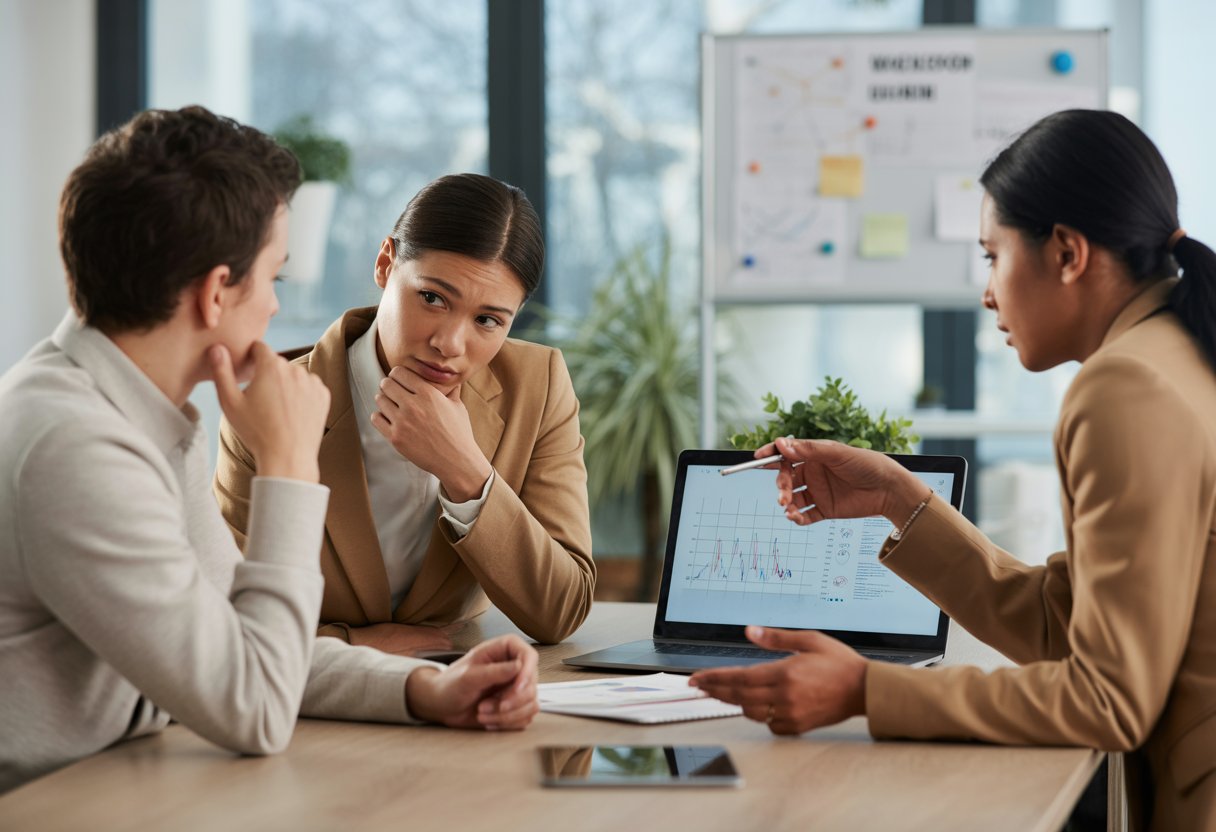 Three adults in an office discussing career challenges, with one person looking thoughtful and others offering support around a laptop.