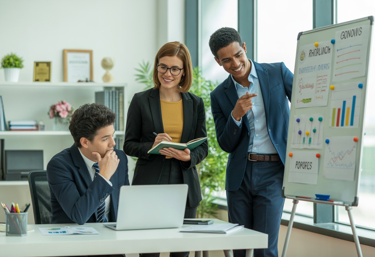 Three business professionals in an office discussing ideas around a laptop and a whiteboard with charts.