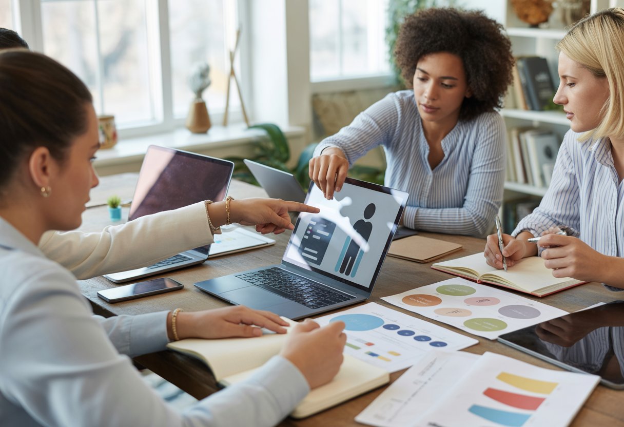 Three professionals collaborating at a table with laptops, notebooks, and charts in a bright office.