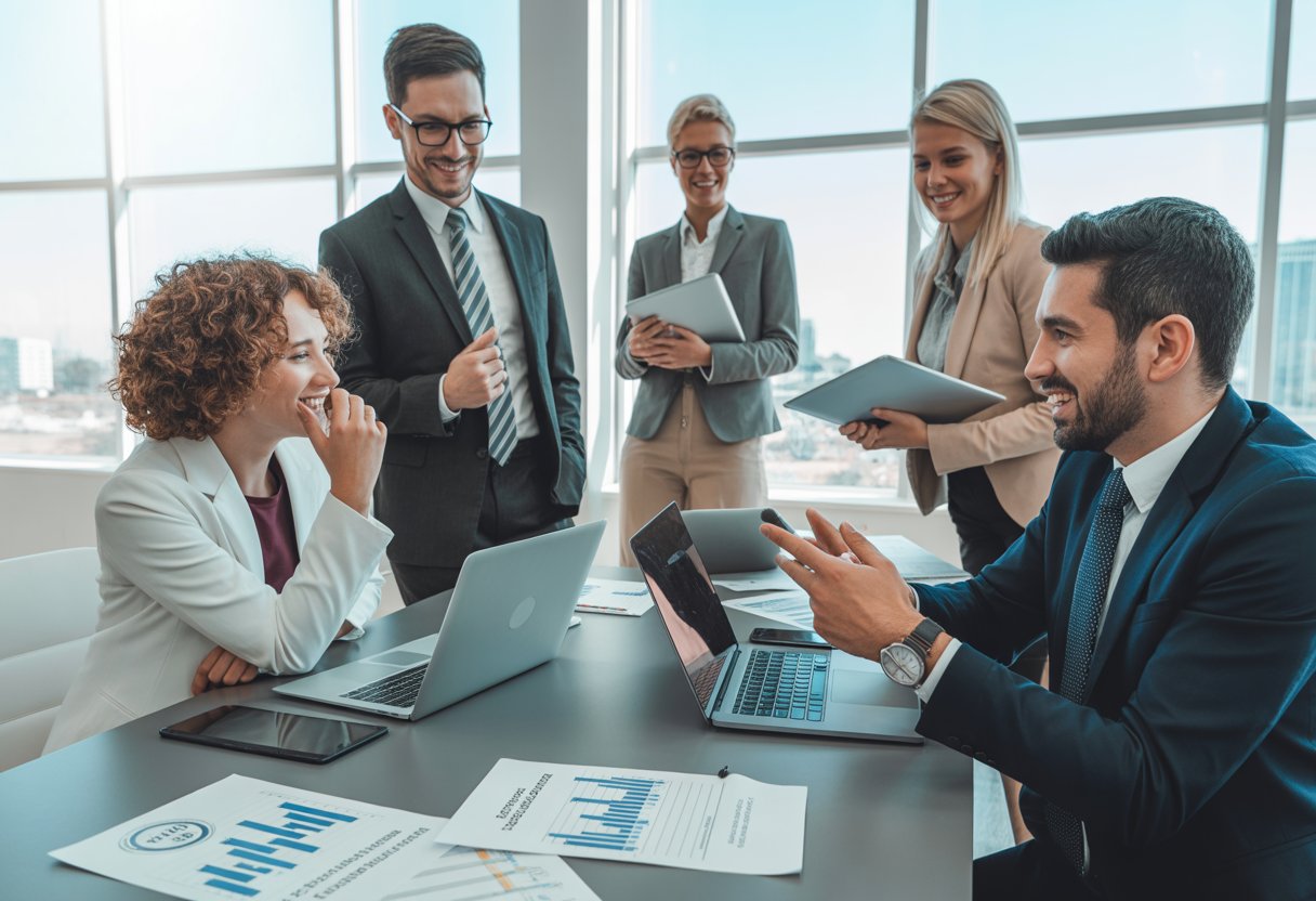 A group of business professionals discussing documents around a conference table in a bright office.