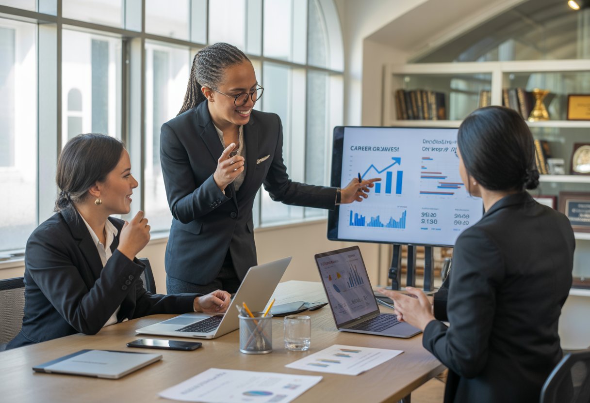 Three business professionals discussing documents and digital charts in a modern office setting.