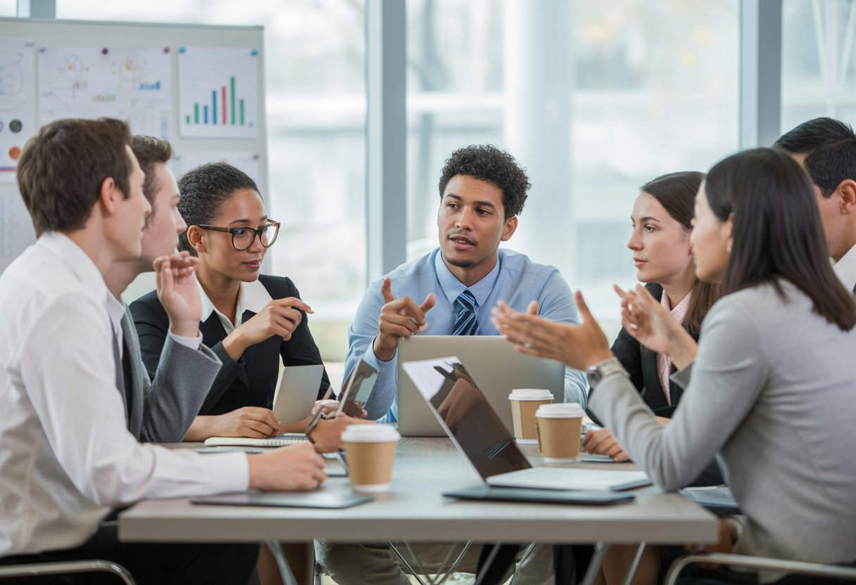 A diverse group of business professionals having a collaborative meeting around a conference table in an office.