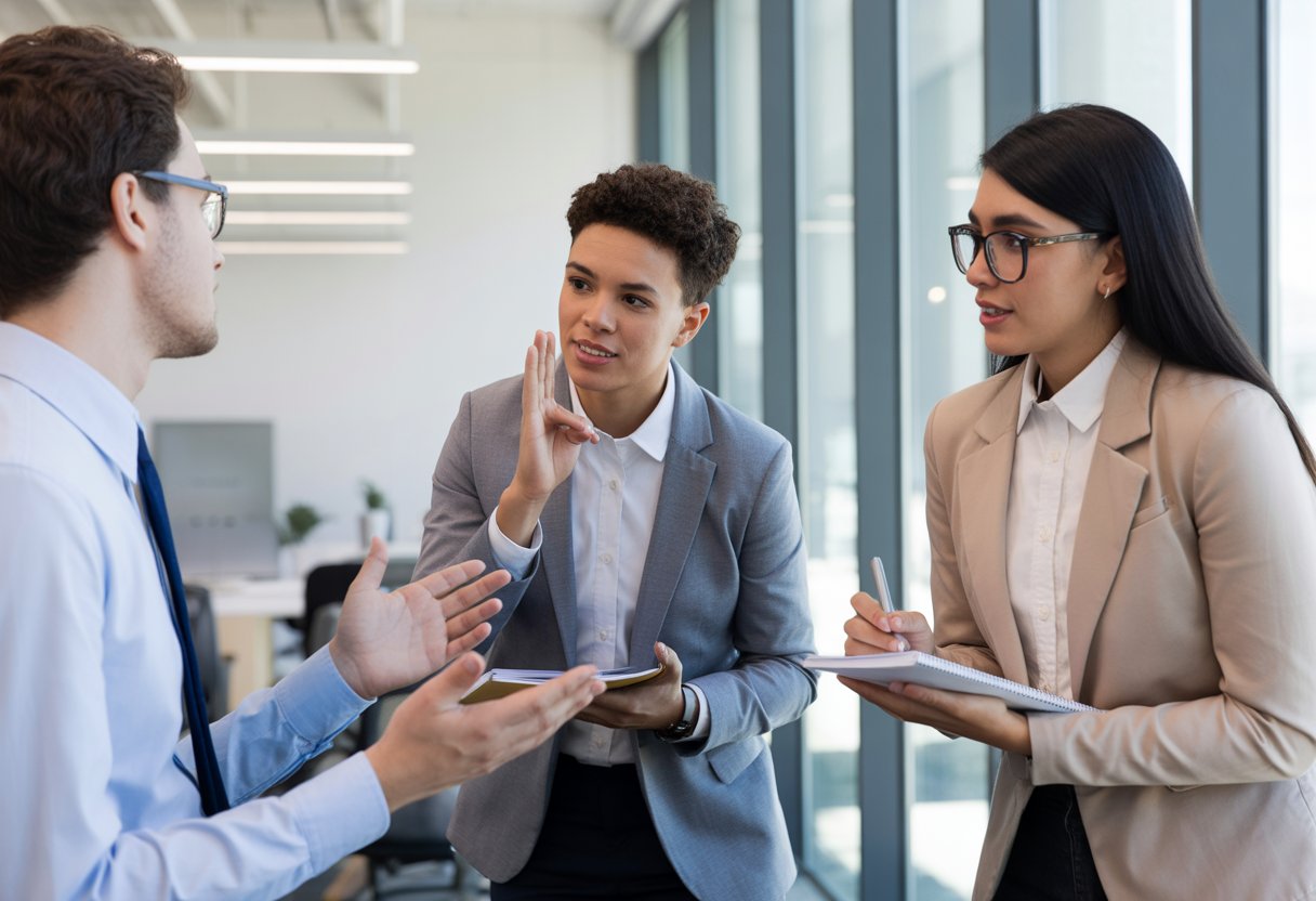 Three coworkers in an office actively listening and engaging in a conversation with attentive expressions.