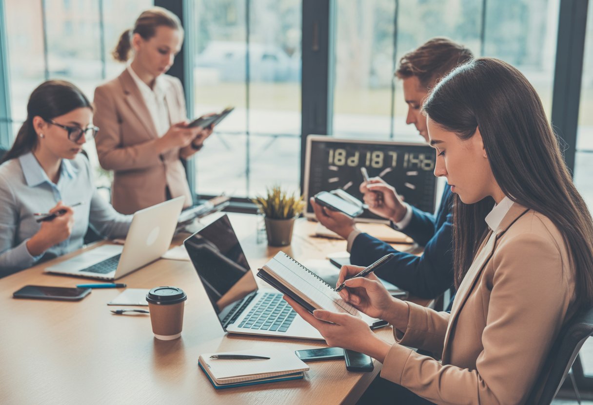 A group of professionals working together at a desk with laptops, notebooks, and a clock in an office.