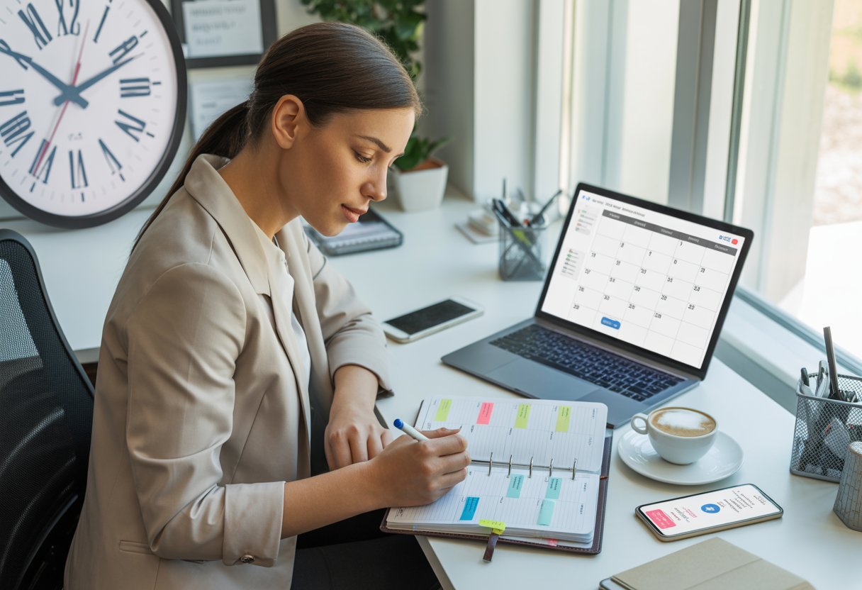 A young woman at an office desk using a planner and laptop to organize her schedule.