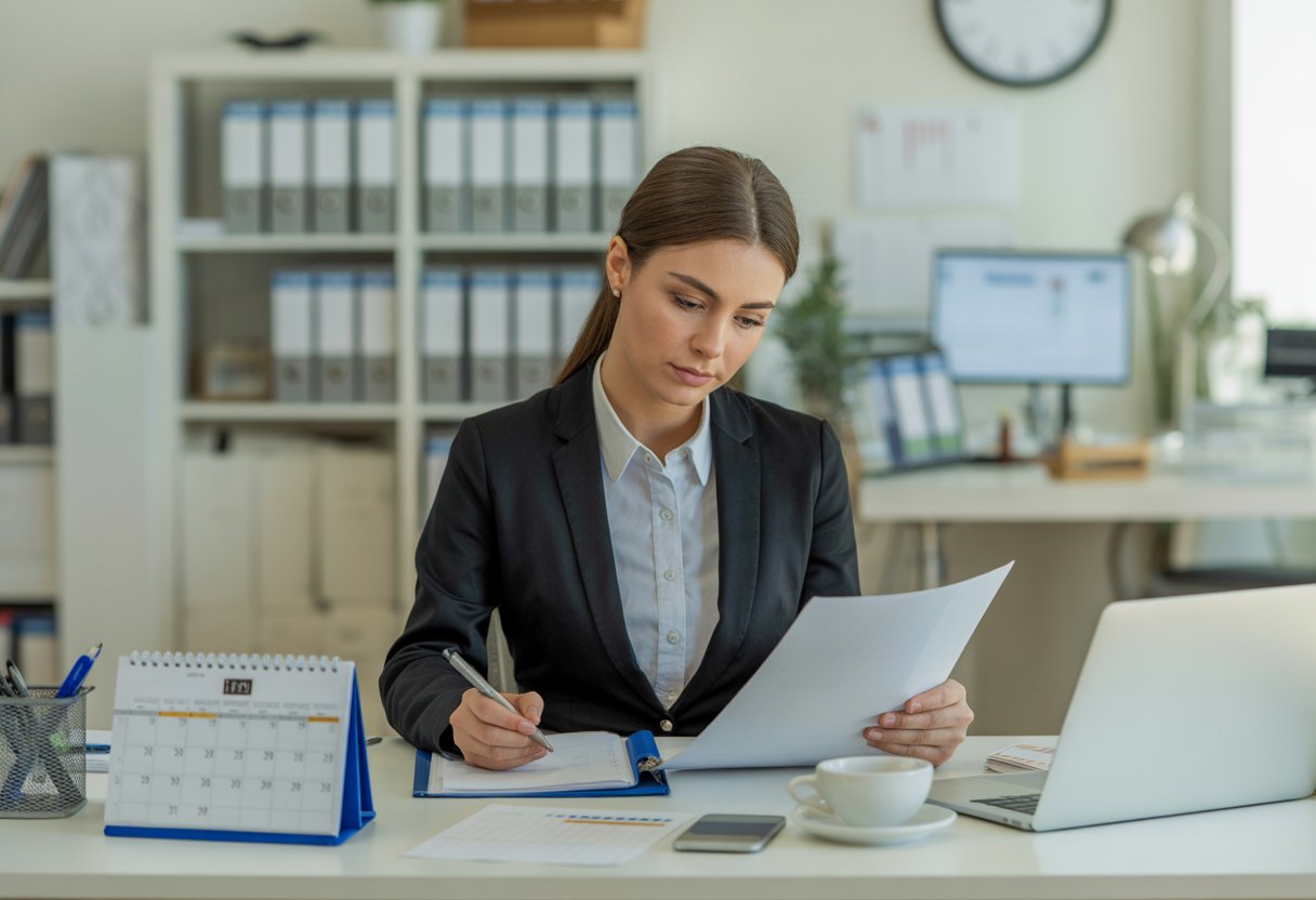 A young woman at an office desk reviewing documents and making notes, surrounded by paperwork, a laptop, and a calendar.