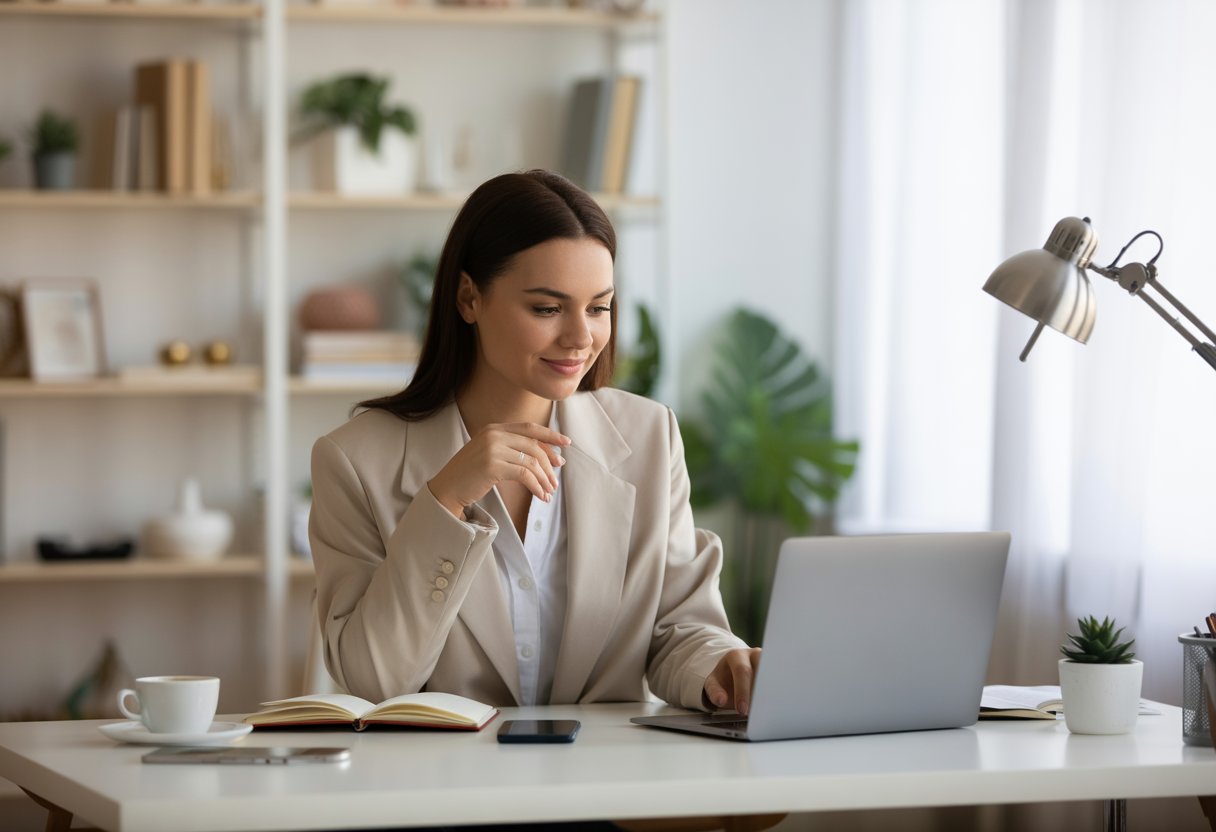 A young woman working on a laptop at a modern desk in a bright home office with shelves and plants in the background.