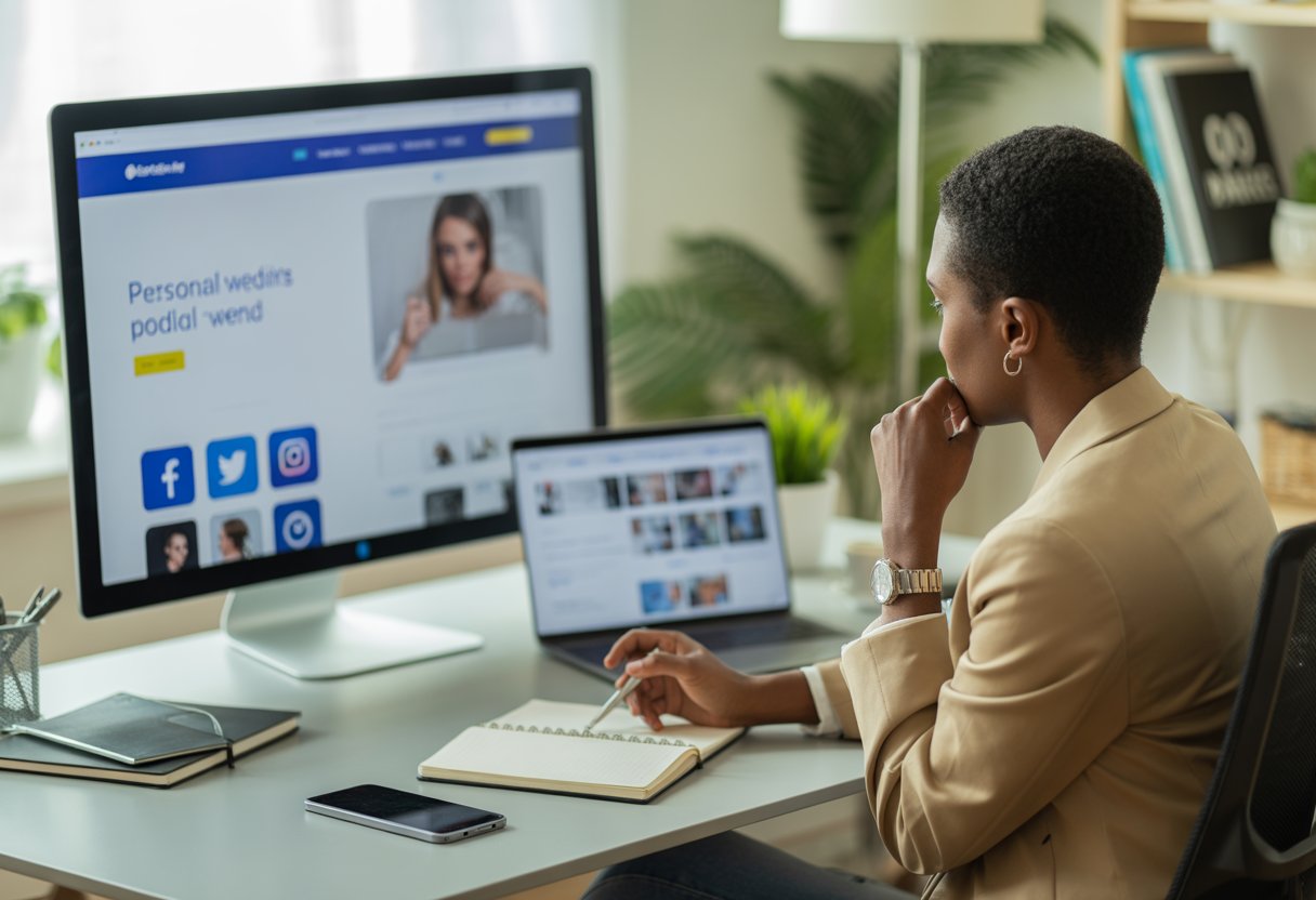 A young professional working at a desk with a laptop and monitor displaying social media icons and a website layout in a bright, organized workspace.