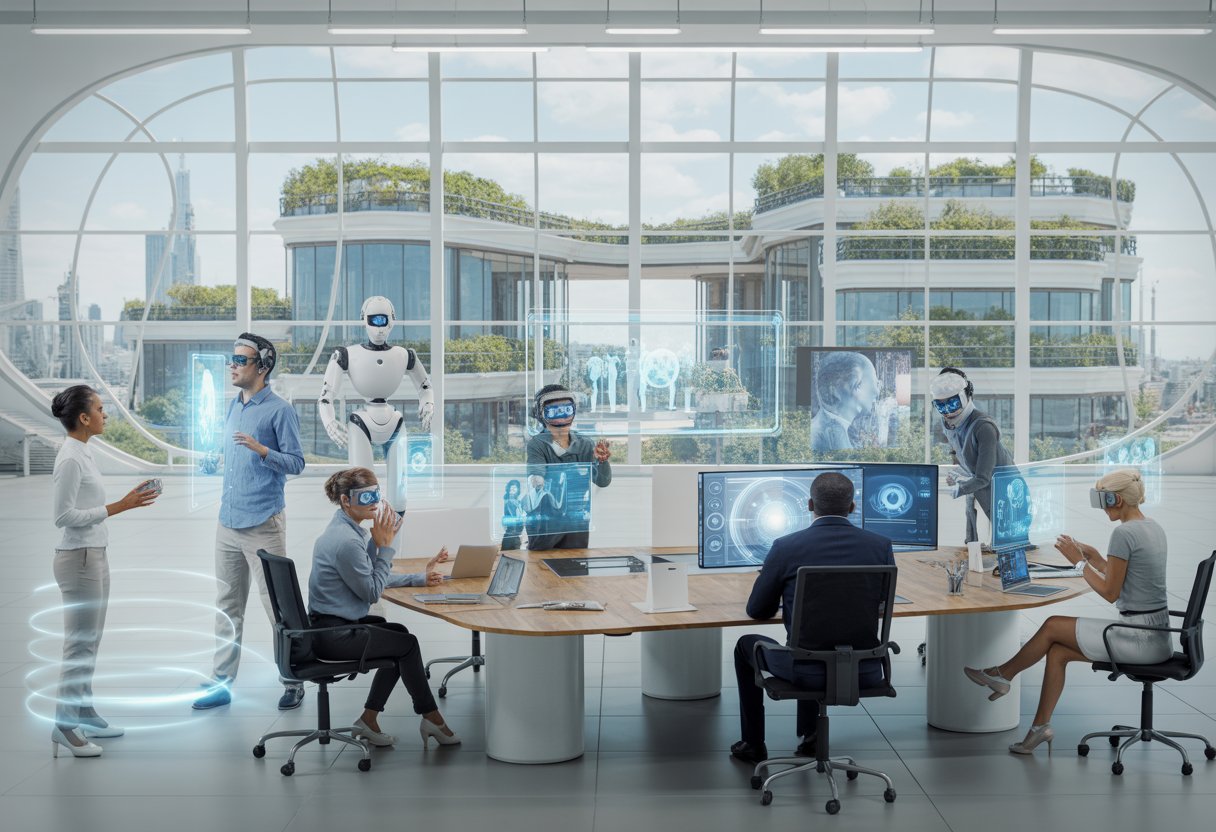A modern office with diverse professionals working together using advanced technology like holographic displays and robots, with a futuristic city visible through large windows.