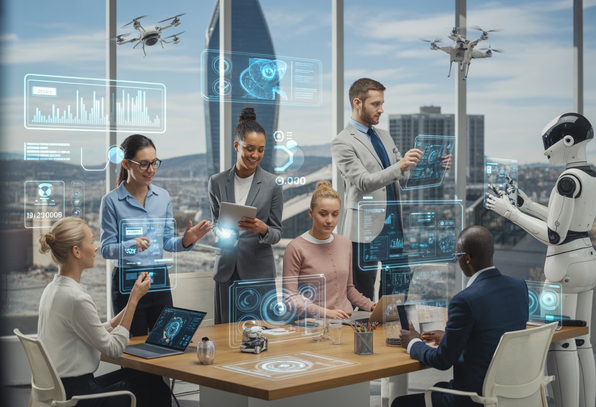 A diverse group of professionals collaborating in a futuristic office with advanced technology and a cityscape in the background.