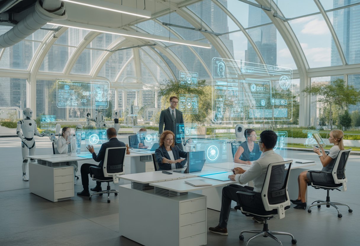 A diverse group of professionals working together in a futuristic office with holographic displays, robots, and a city view in the background.