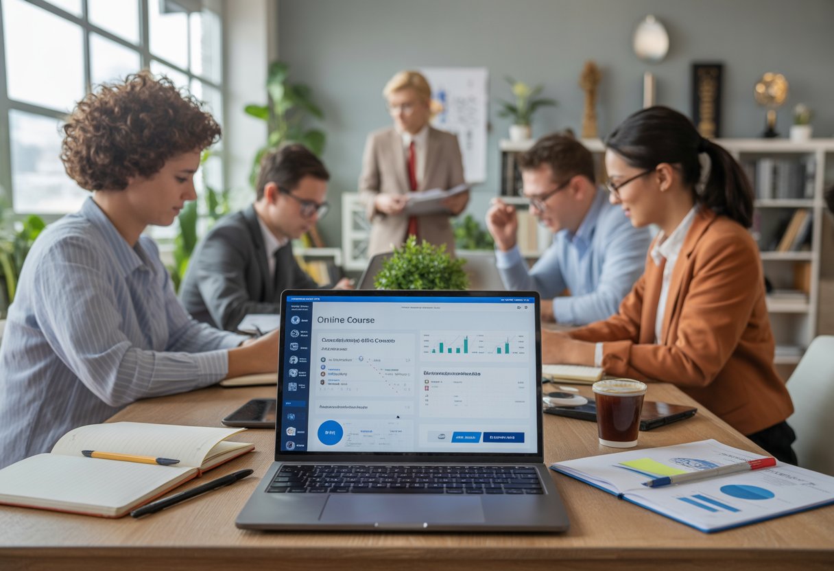 A group of young professionals studying online courses on a laptop in a bright office workspace.