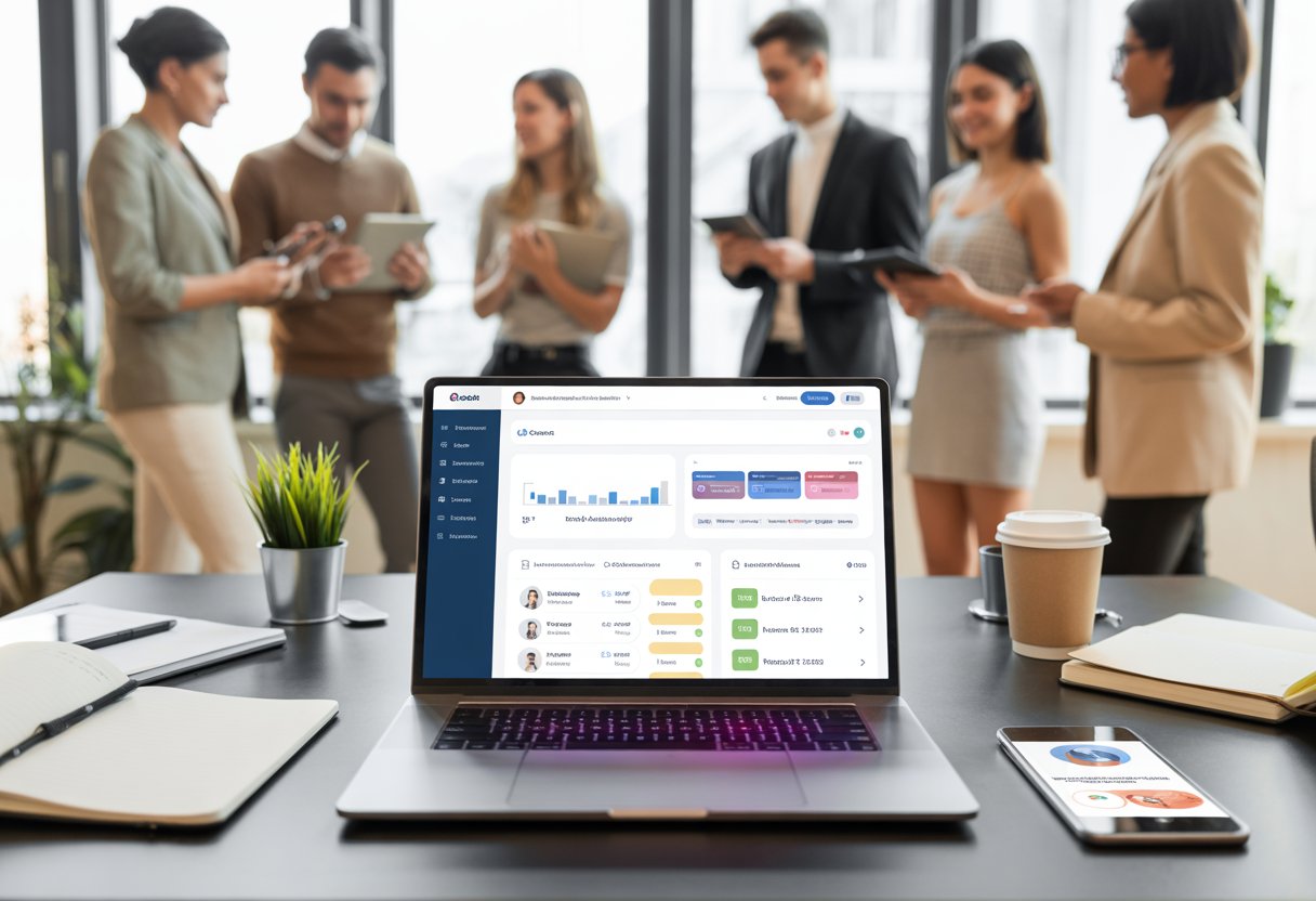A modern office scene with a laptop showing an online course dashboard, surrounded by notebooks and devices, with a group of professionals collaborating in the background.