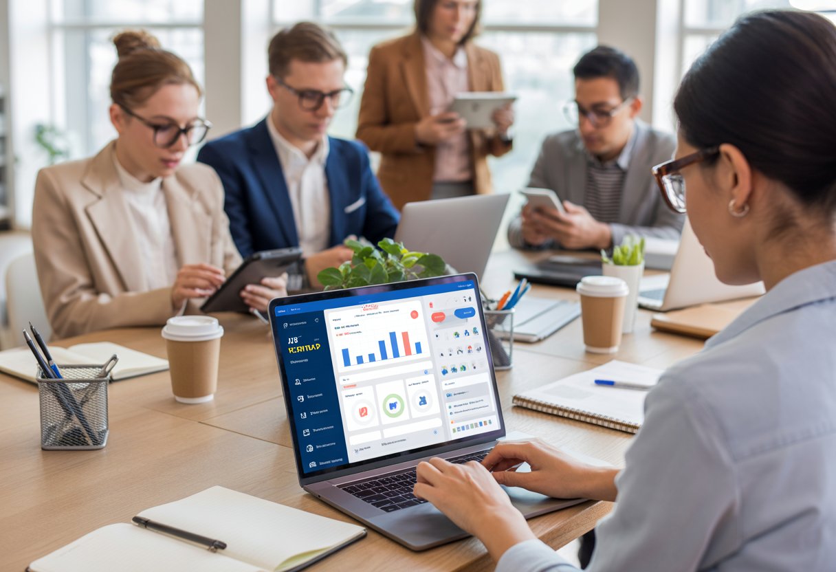 A group of professionals working together in a bright office, using laptops, tablets, and smartphones to stay productive.